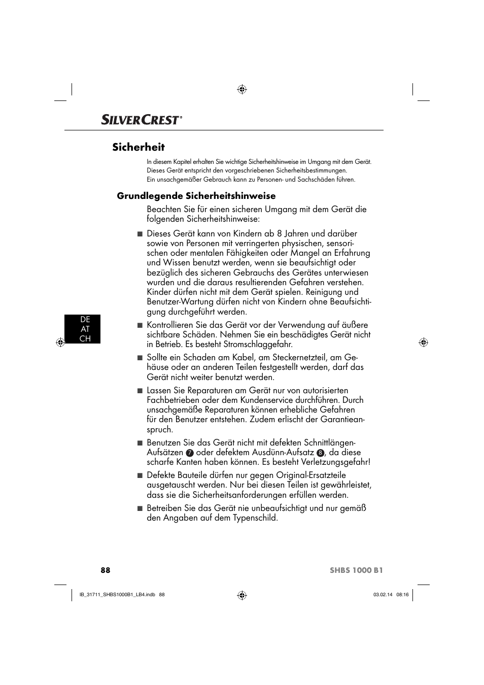 Sicherheit | Silvercrest SHBS 1000 A1 User Manual | Page 91 / 102