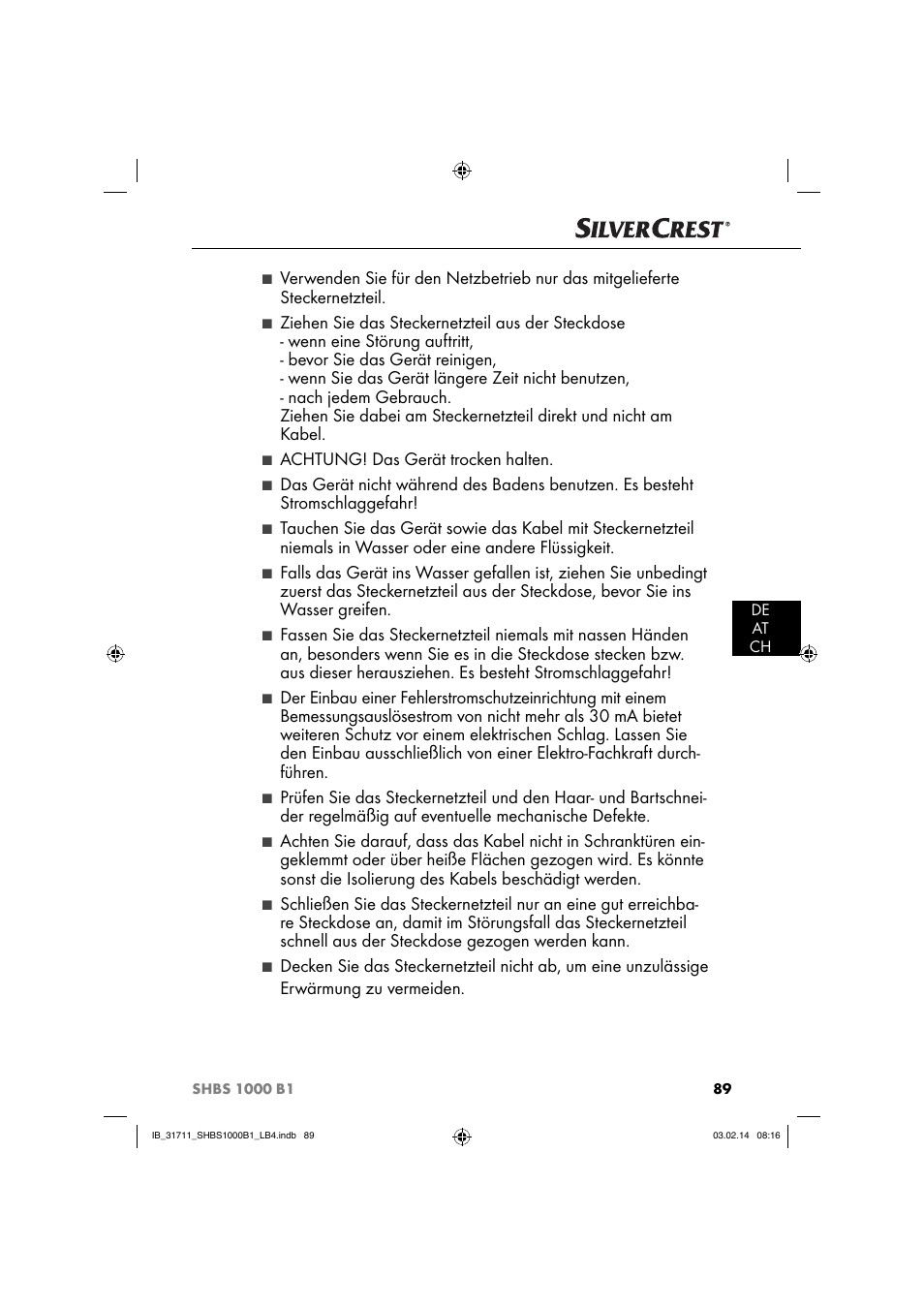 Achtung! das gerät trocken halten | Silvercrest SHBS 1000 A1 User Manual | Page 92 / 102