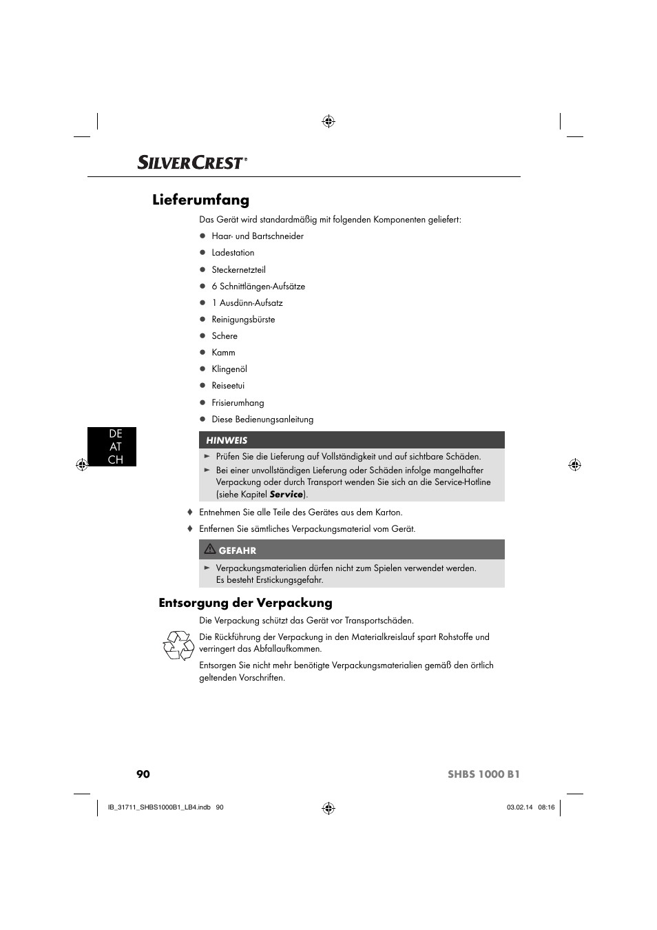 Lieferumfang, Entsorgung der verpackung, De at ch | Silvercrest SHBS 1000 A1 User Manual | Page 93 / 102
