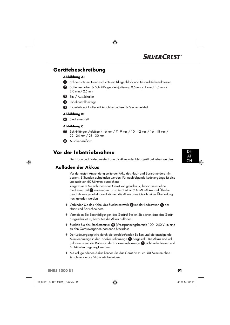 Gerätebeschreibung, Vor der inbetriebnahme, Auﬂ aden der akkus | De at ch | Silvercrest SHBS 1000 A1 User Manual | Page 94 / 102