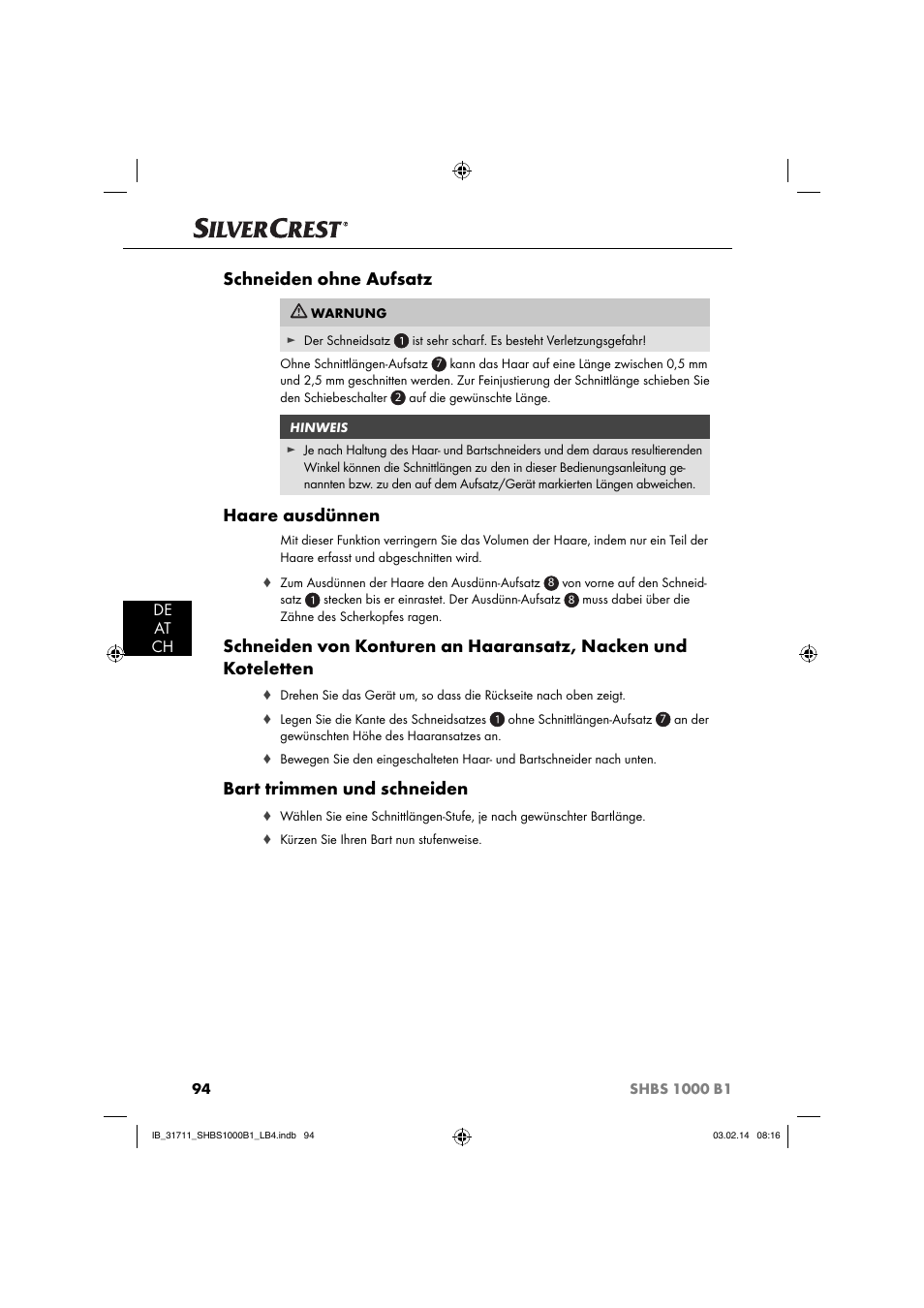 Schneiden ohne aufsatz, Haare ausdünnen, Bart trimmen und schneiden | De at ch | Silvercrest SHBS 1000 A1 User Manual | Page 97 / 102