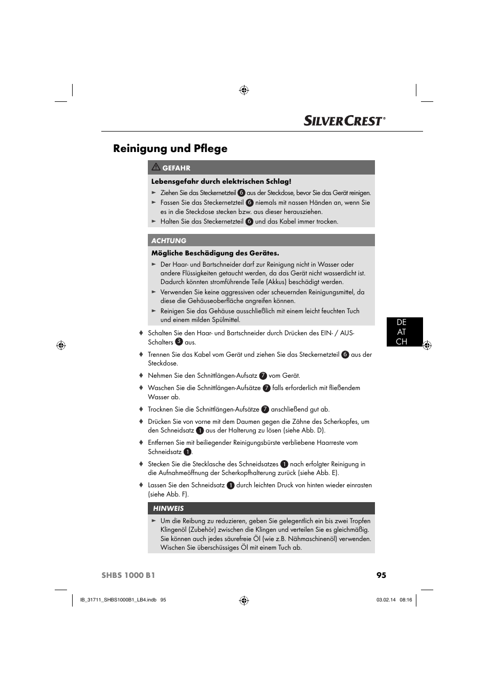 Reinigung und pﬂ ege, De at ch | Silvercrest SHBS 1000 A1 User Manual | Page 98 / 102