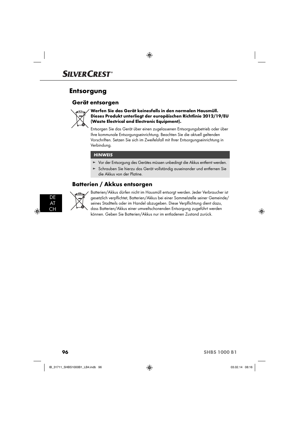 Entsorgung, Gerät entsorgen, Batterien / akkus entsorgen | Silvercrest SHBS 1000 A1 User Manual | Page 99 / 102