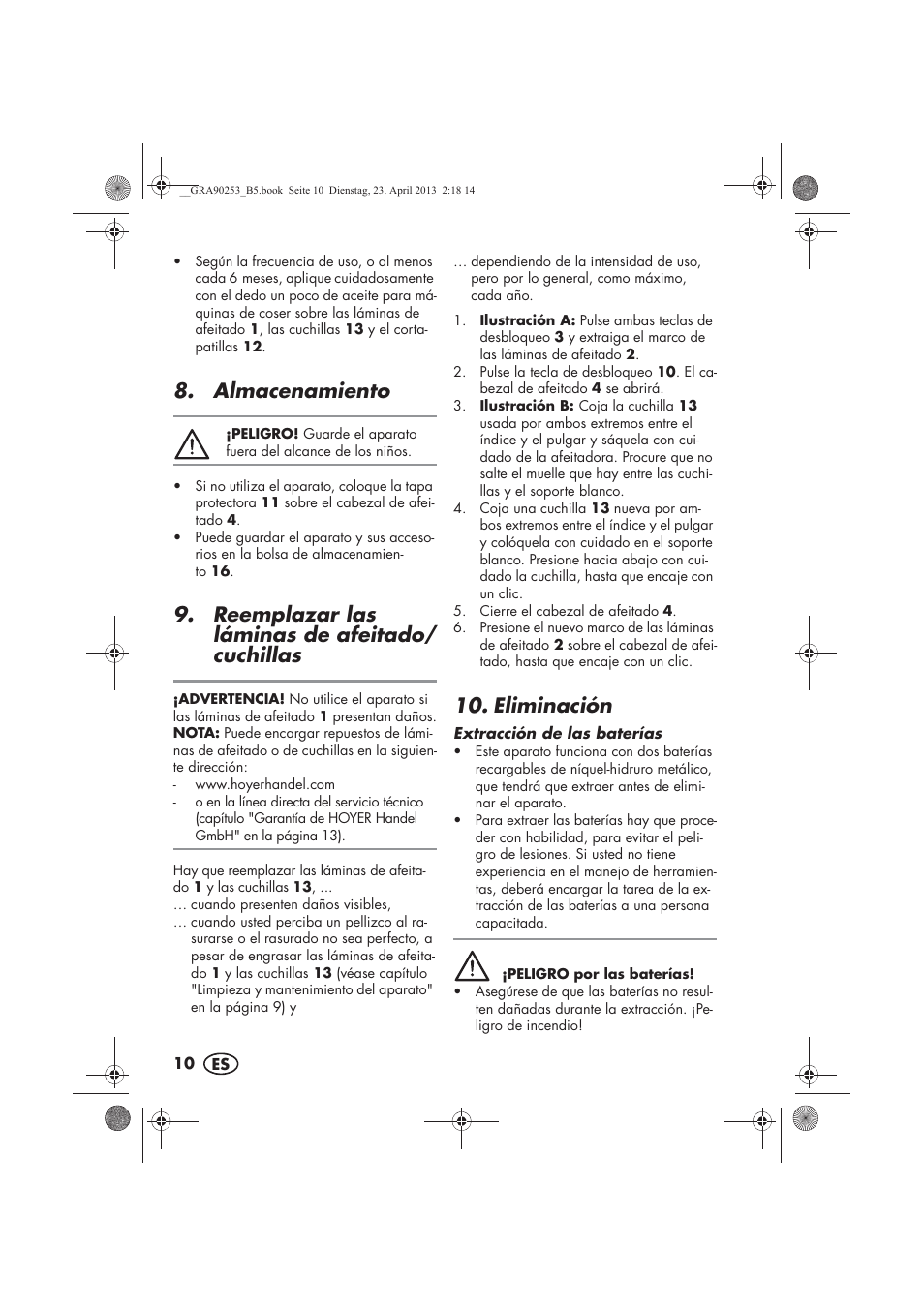 Almacenamiento, Reemplazar las láminas de afeitado/ cuchillas, Eliminación | Silvercrest SFR 1200 A1 User Manual | Page 12 / 74