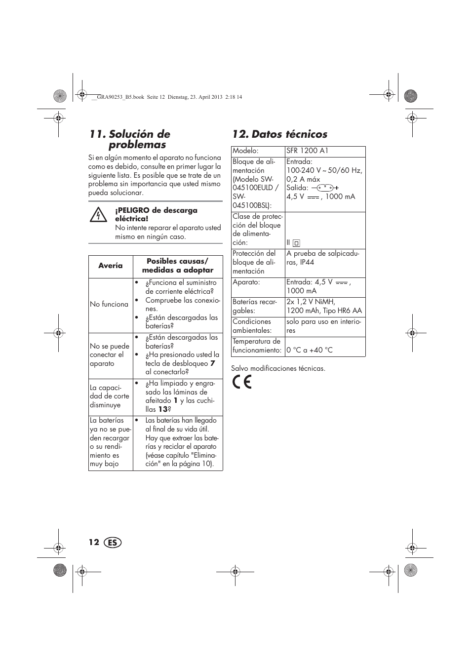 Solución de problemas, Datos técnicos | Silvercrest SFR 1200 A1 User Manual | Page 14 / 74