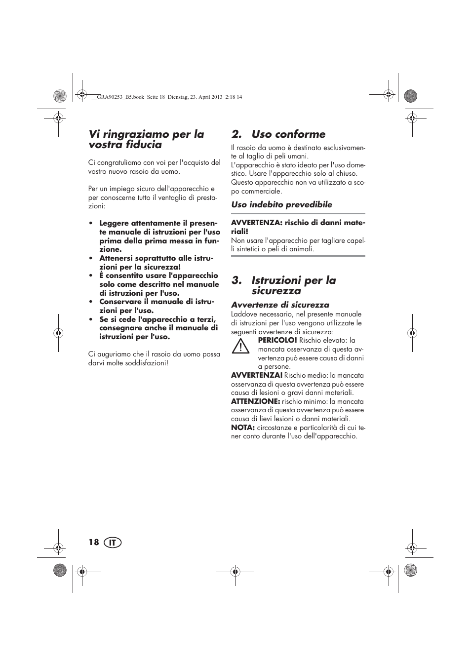 Vi ringraziamo per la vostra fiducia, Uso conforme, Istruzioni per la sicurezza | Silvercrest SFR 1200 A1 User Manual | Page 20 / 74