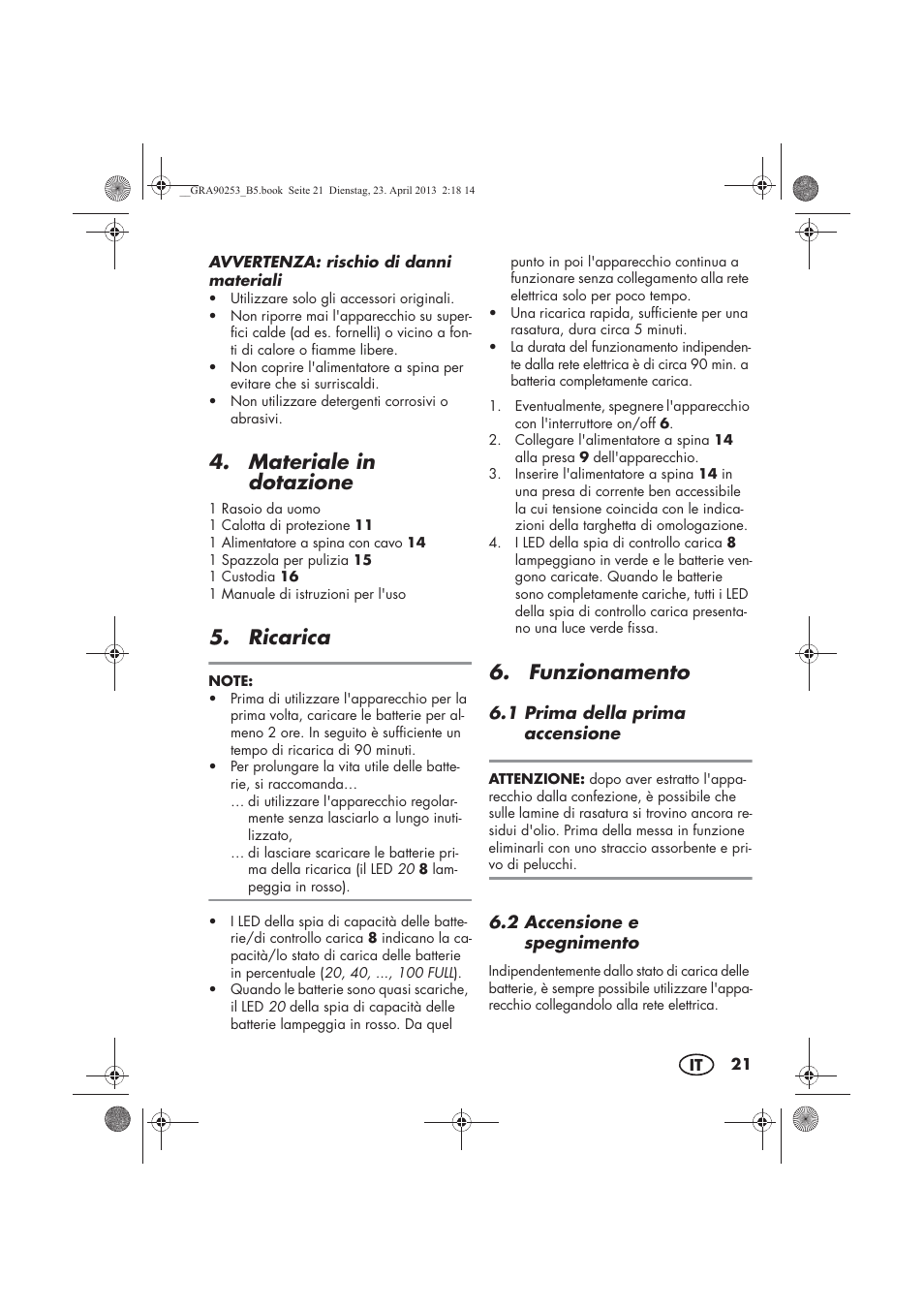 Materiale in dotazione, Ricarica, Funzionamento | Silvercrest SFR 1200 A1 User Manual | Page 23 / 74