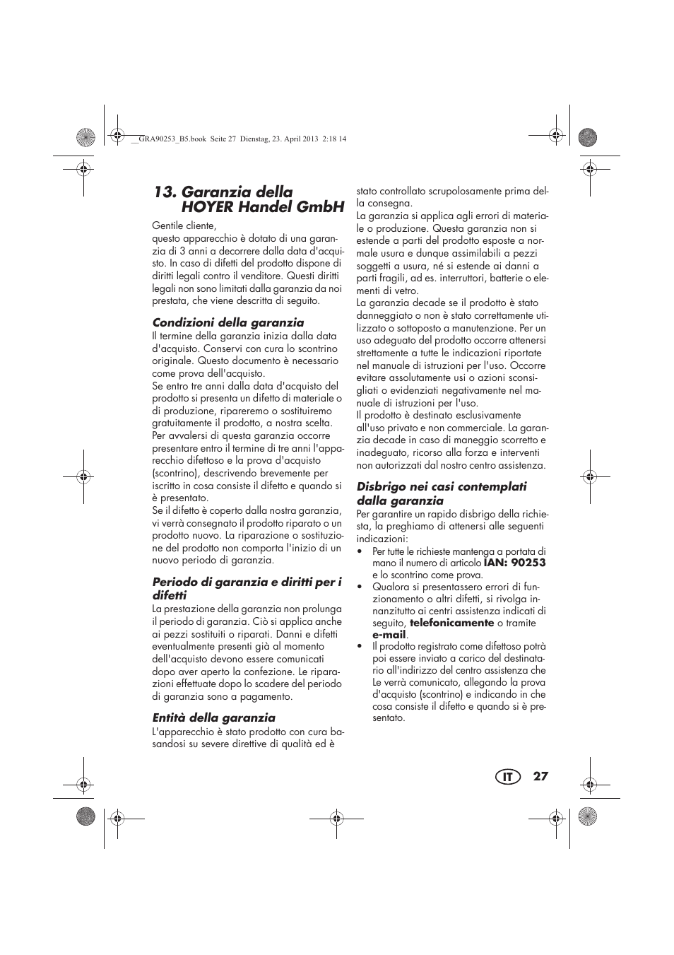 Garanzia della hoyer handel gmbh | Silvercrest SFR 1200 A1 User Manual | Page 29 / 74