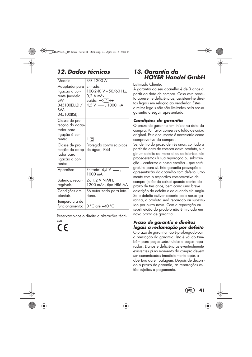 Dados técnicos, Garantia da hoyer handel gmbh | Silvercrest SFR 1200 A1 User Manual | Page 43 / 74