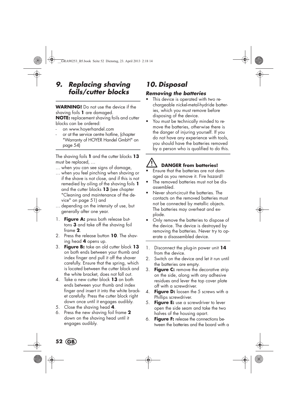 Replacing shaving foils/cutter blocks, Disposal | Silvercrest SFR 1200 A1 User Manual | Page 54 / 74