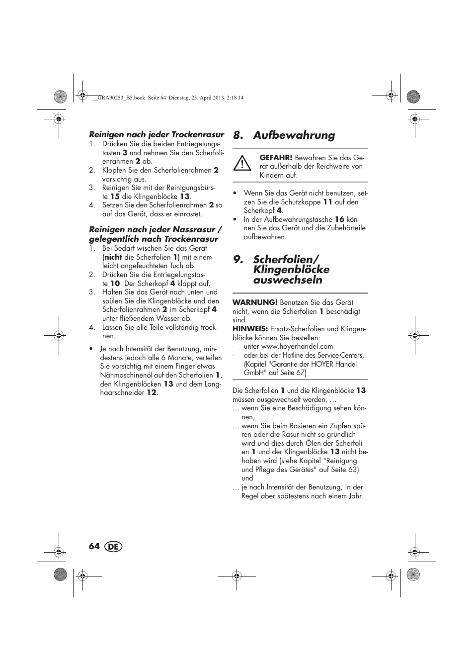 Aufbewahrung, Scherfolien/ klingenblöcke auswechseln | Silvercrest SFR 1200 A1 User Manual | Page 66 / 74