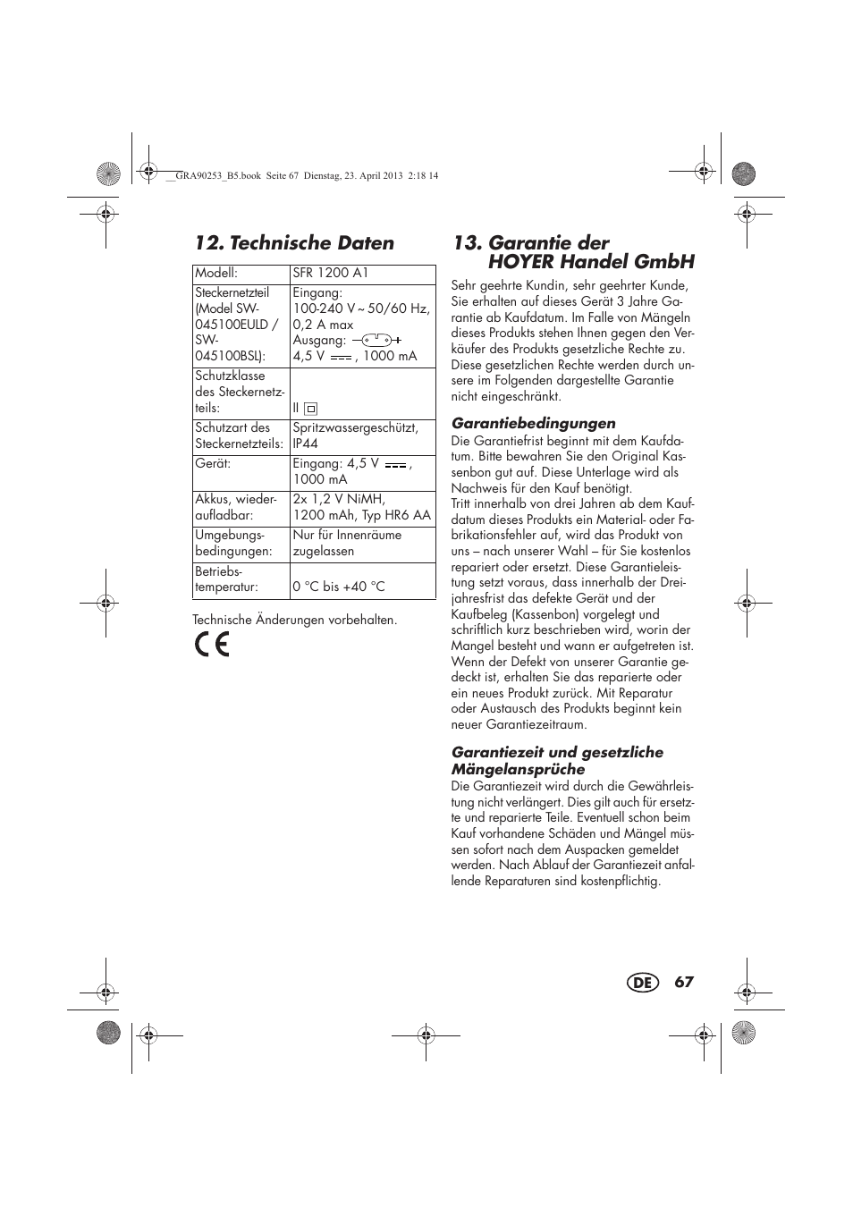 Technische daten, Garantie der hoyerhandel gmbh | Silvercrest SFR 1200 A1 User Manual | Page 69 / 74