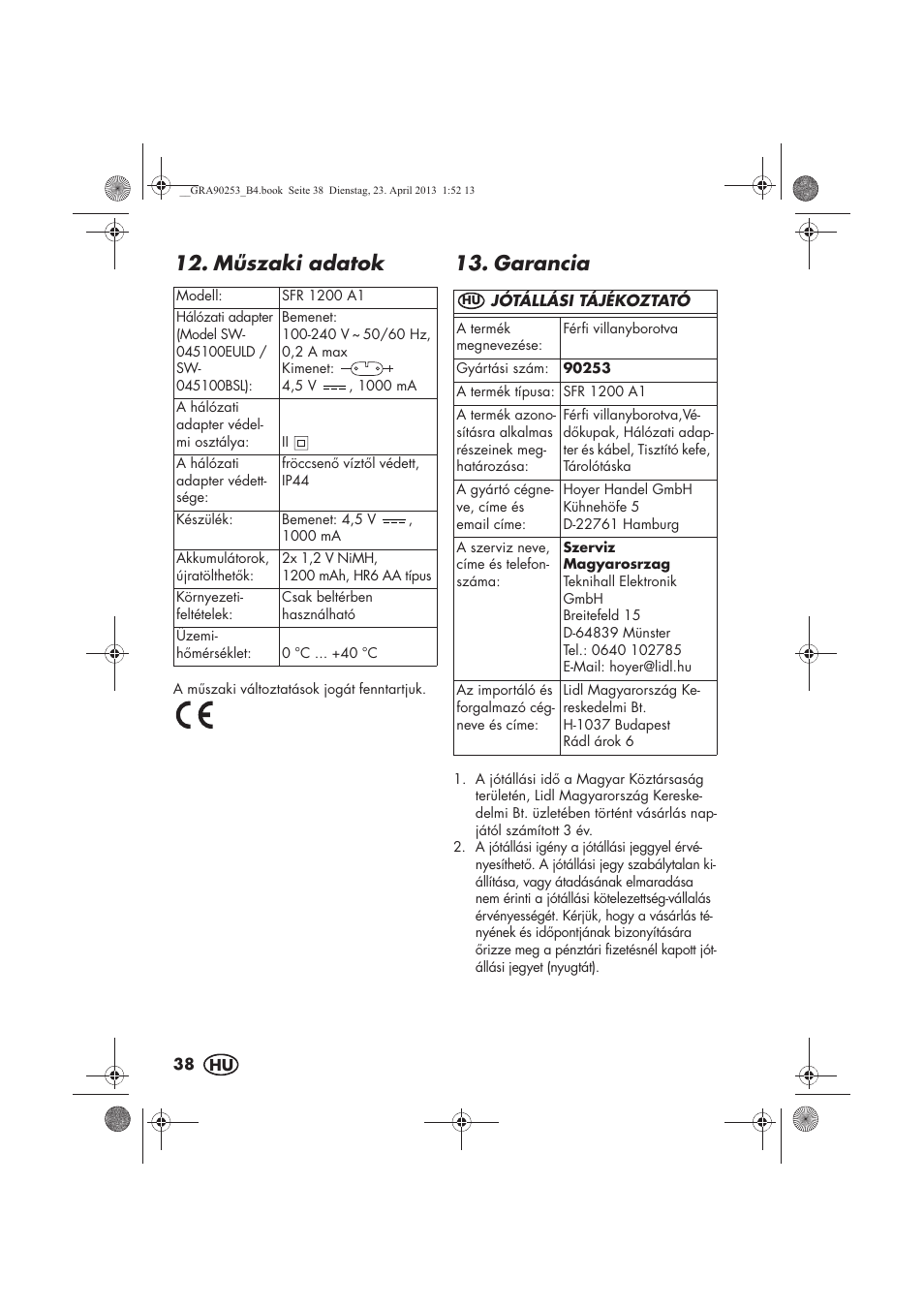 Mszaki adatok, Garancia | Silvercrest SFR 1200 A1 User Manual | Page 40 / 94