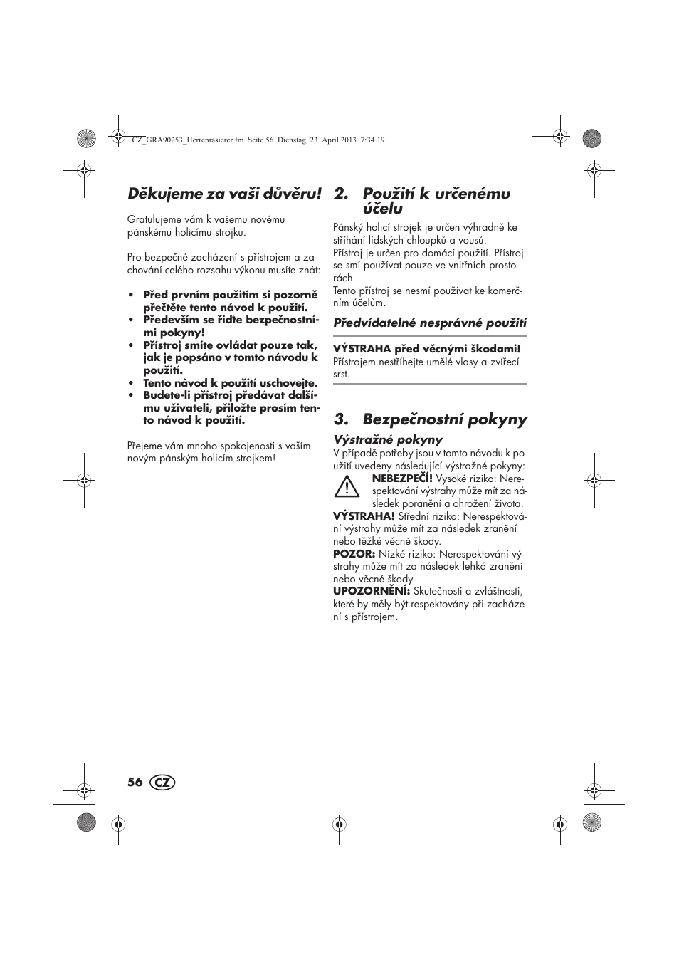 Dkujeme za vaši dvru, Použití k urenému úelu, Bezpenostní pokyny | Silvercrest SFR 1200 A1 User Manual | Page 58 / 94