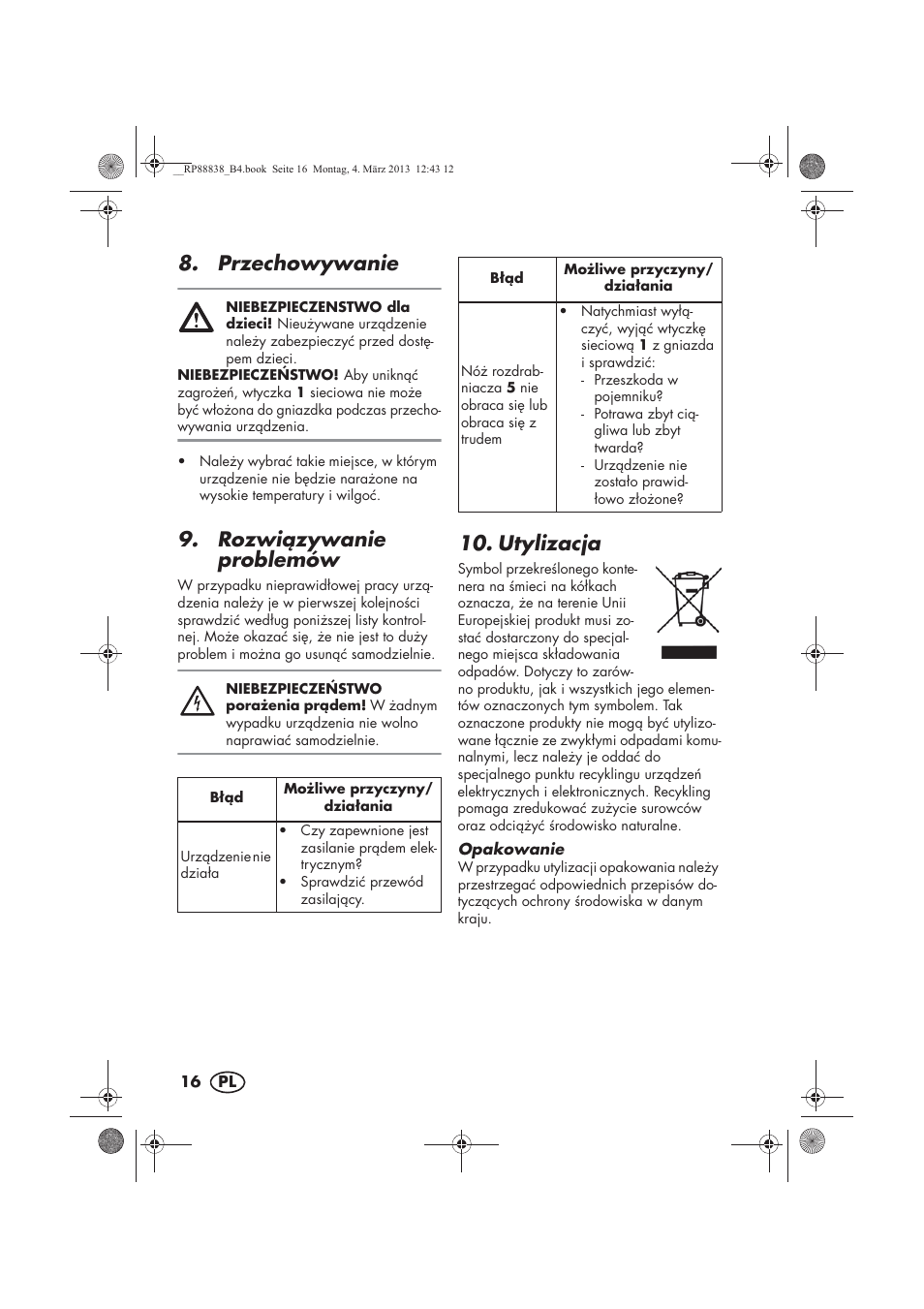 Przechowywanie, Rozwizywanie problemów, Utylizacja | Silvercrest H-8666 User Manual | Page 18 / 66