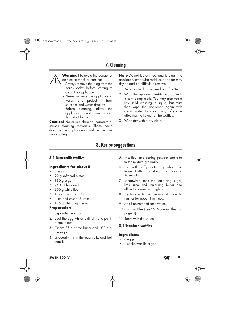 Cleaning, Recipe suggestions, 1 buttermilk waffles | 2 standard waffles | Silvercrest SWEK 800 A1 User Manual | Page 11 / 78