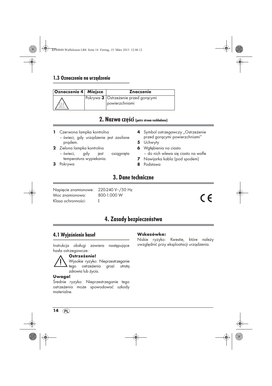 Nazwa części, Dane techniczne, Zasady bezpieczeństwa | 3 oznaczenia na urządzeniu, 1 wyjaśnienie haseł | Silvercrest SWEK 800 A1 User Manual | Page 16 / 78