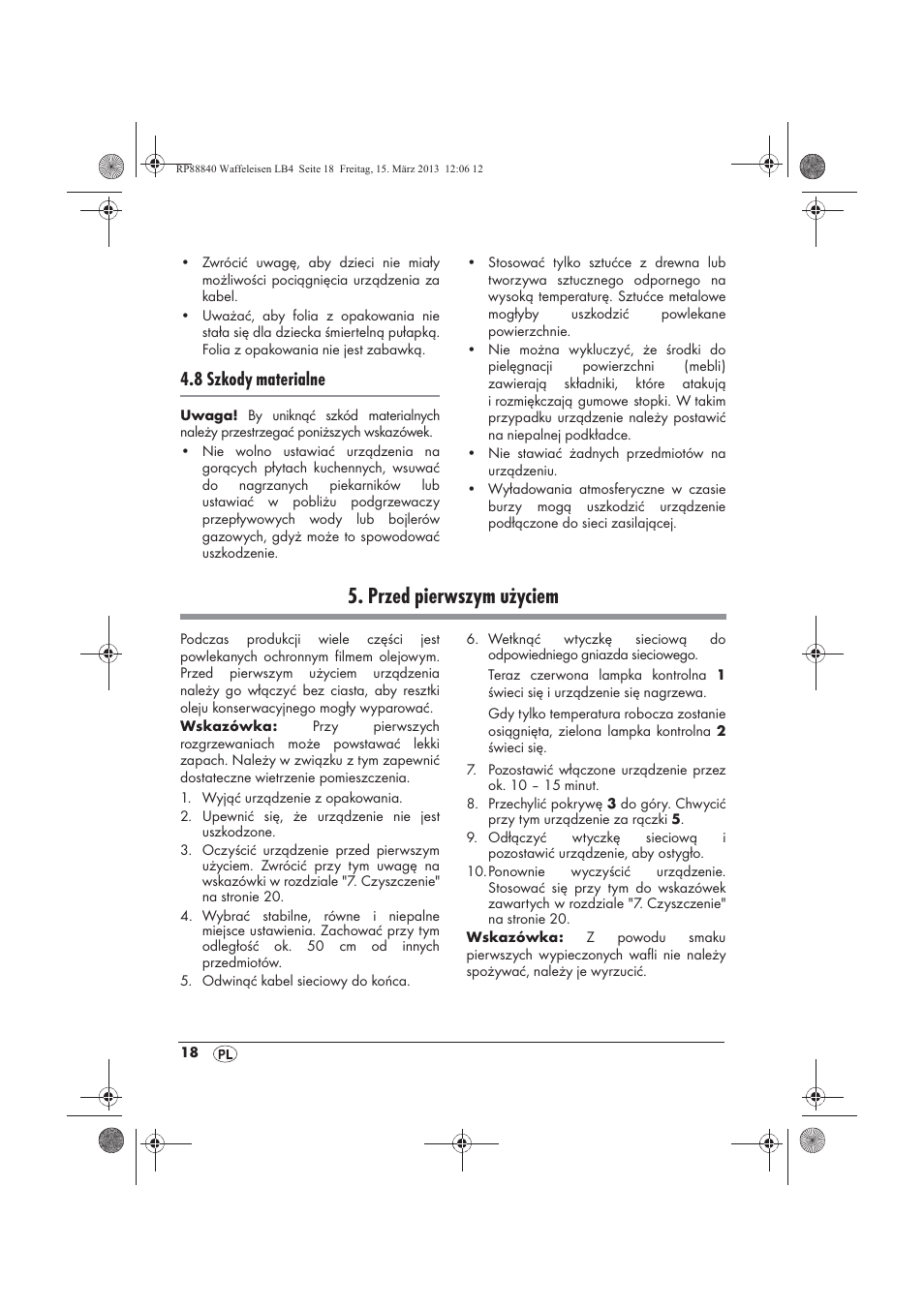 Przed pierwszym użyciem, 8 szkody materialne | Silvercrest SWEK 800 A1 User Manual | Page 20 / 78