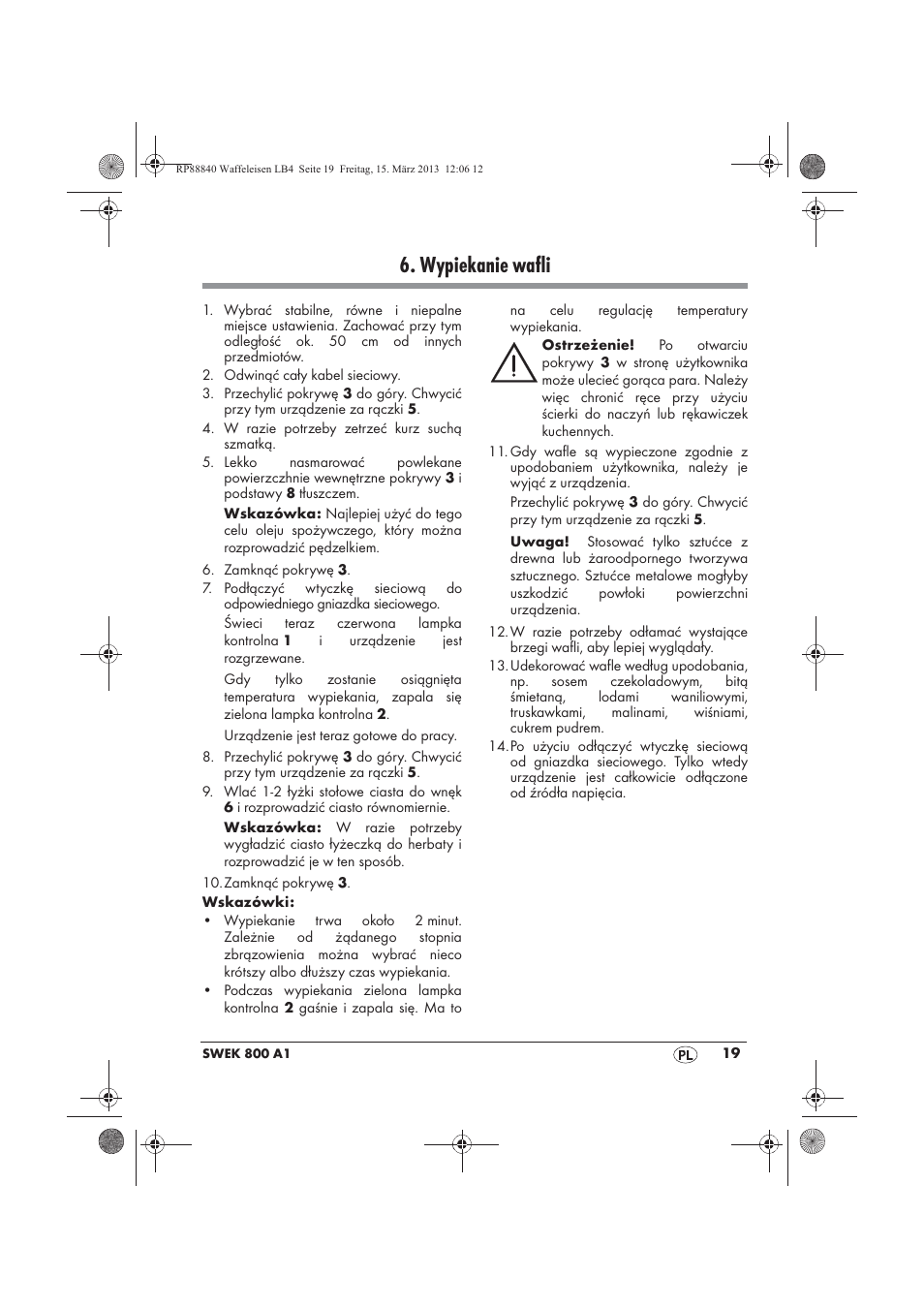 Wypiekanie wafli | Silvercrest SWEK 800 A1 User Manual | Page 21 / 78