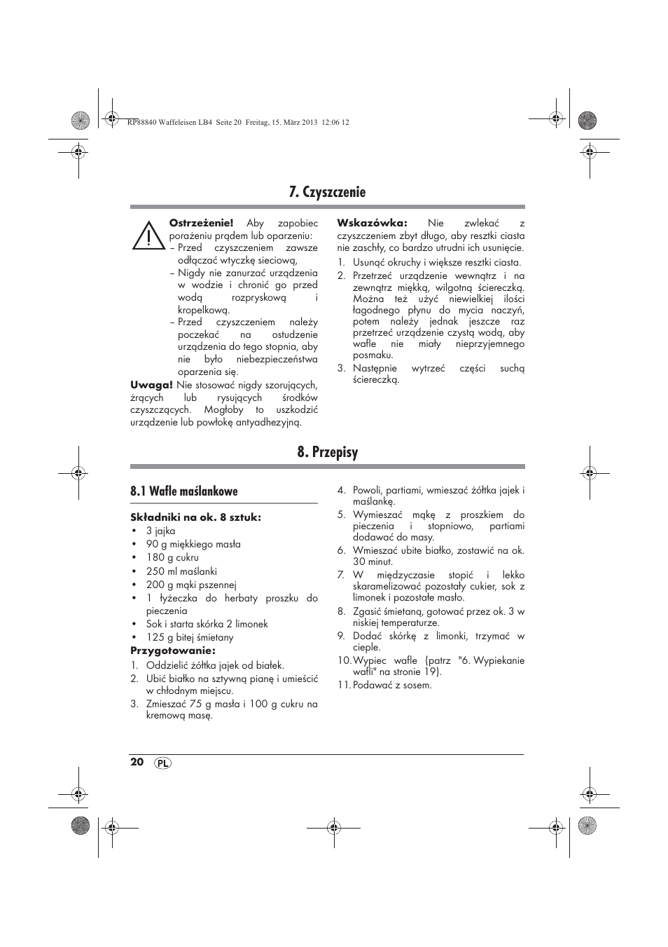 Czyszczenie, Przepisy, 1 wafle maślankowe | Silvercrest SWEK 800 A1 User Manual | Page 22 / 78