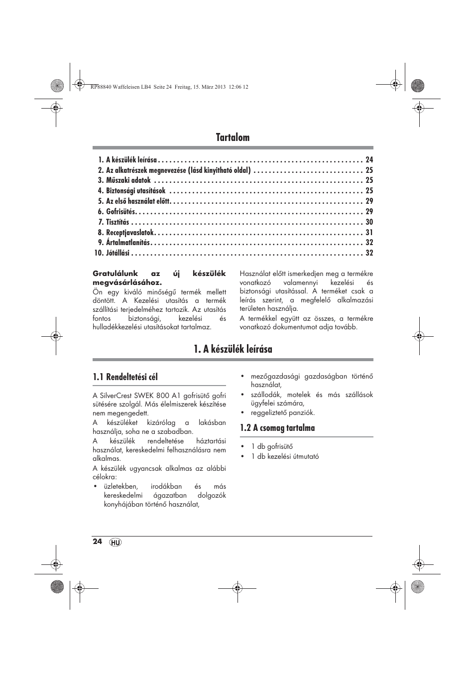 Tartalom, A készülék leírása | Silvercrest SWEK 800 A1 User Manual | Page 26 / 78