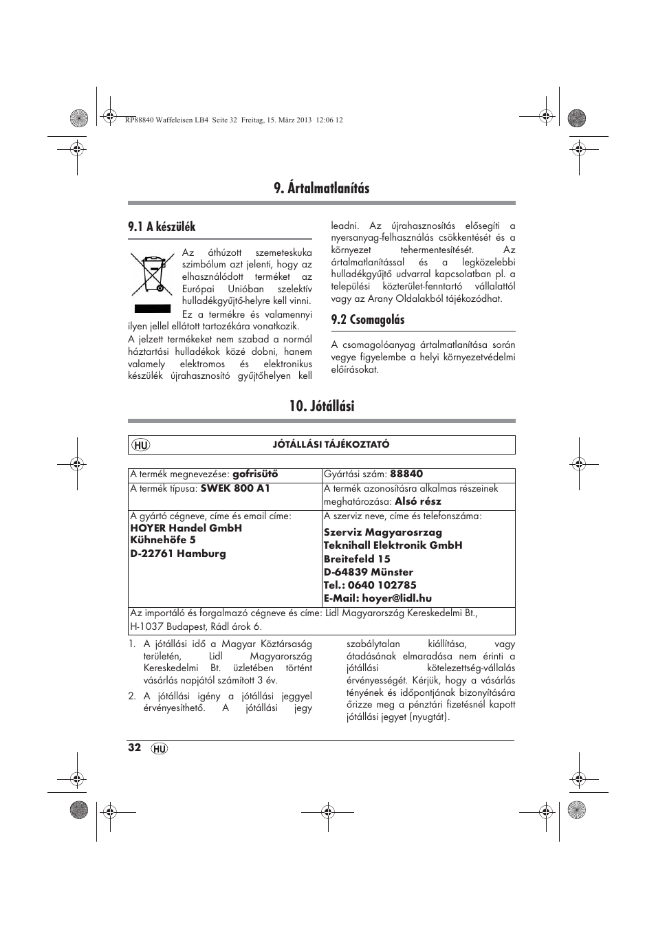 Ártalmatlanítás, Jótállási, 1 a készülék | 2 csomagolás | Silvercrest SWEK 800 A1 User Manual | Page 34 / 78