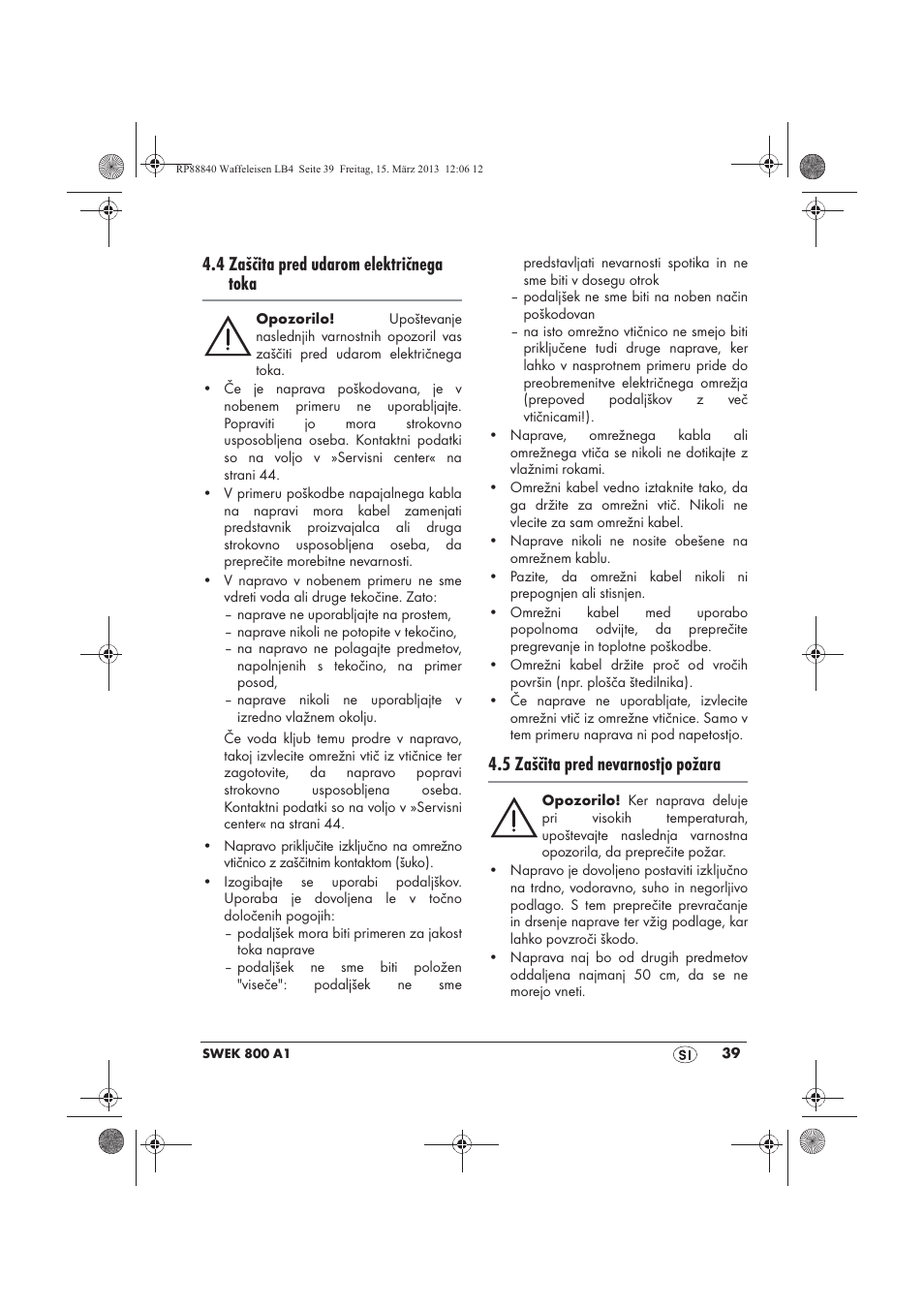 4 zaščita pred udarom električnega toka, 5 zaščita pred nevarnostjo požara | Silvercrest SWEK 800 A1 User Manual | Page 41 / 78