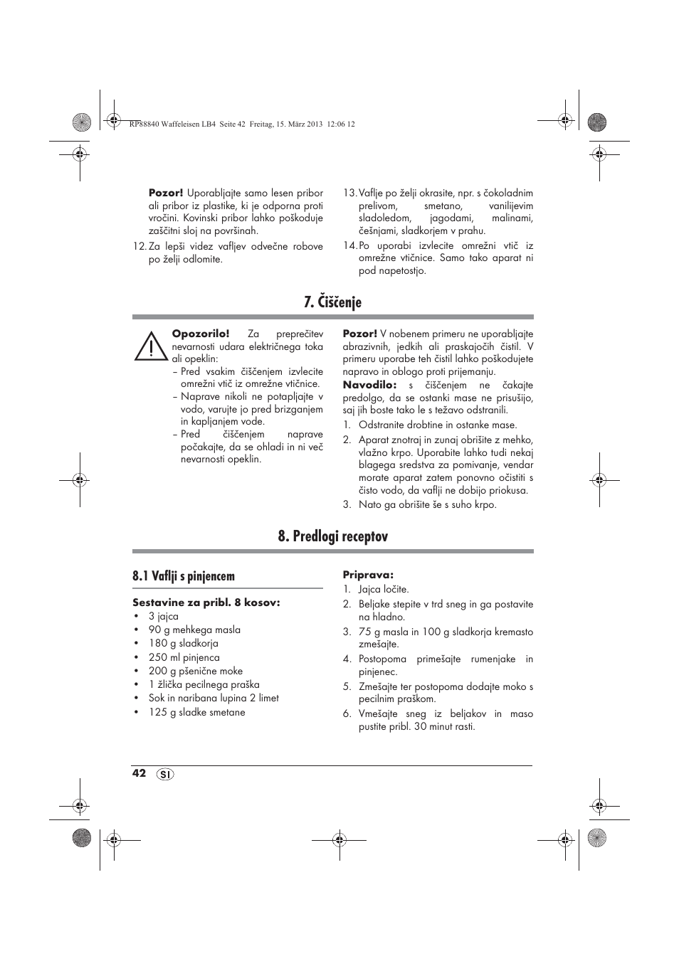 Čiščenje, Predlogi receptov, 1 vaflji s pinjencem | Silvercrest SWEK 800 A1 User Manual | Page 44 / 78