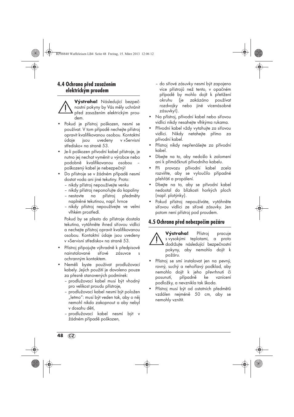 4 ochrana před zasažením elektrickým proudem, 5 ochrana před nebezpečím požáru | Silvercrest SWEK 800 A1 User Manual | Page 50 / 78