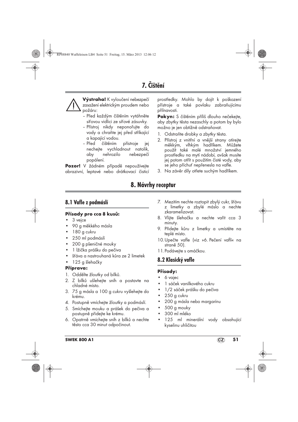 Čištění, Návrhy receptur, 1 vafle z podmáslí | 2 klasický vafle | Silvercrest SWEK 800 A1 User Manual | Page 53 / 78