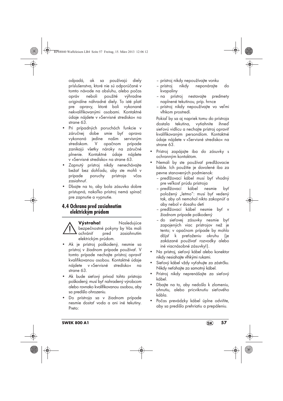4 ochrana pred zasiahnutím elektrickým prúdom | Silvercrest SWEK 800 A1 User Manual | Page 59 / 78