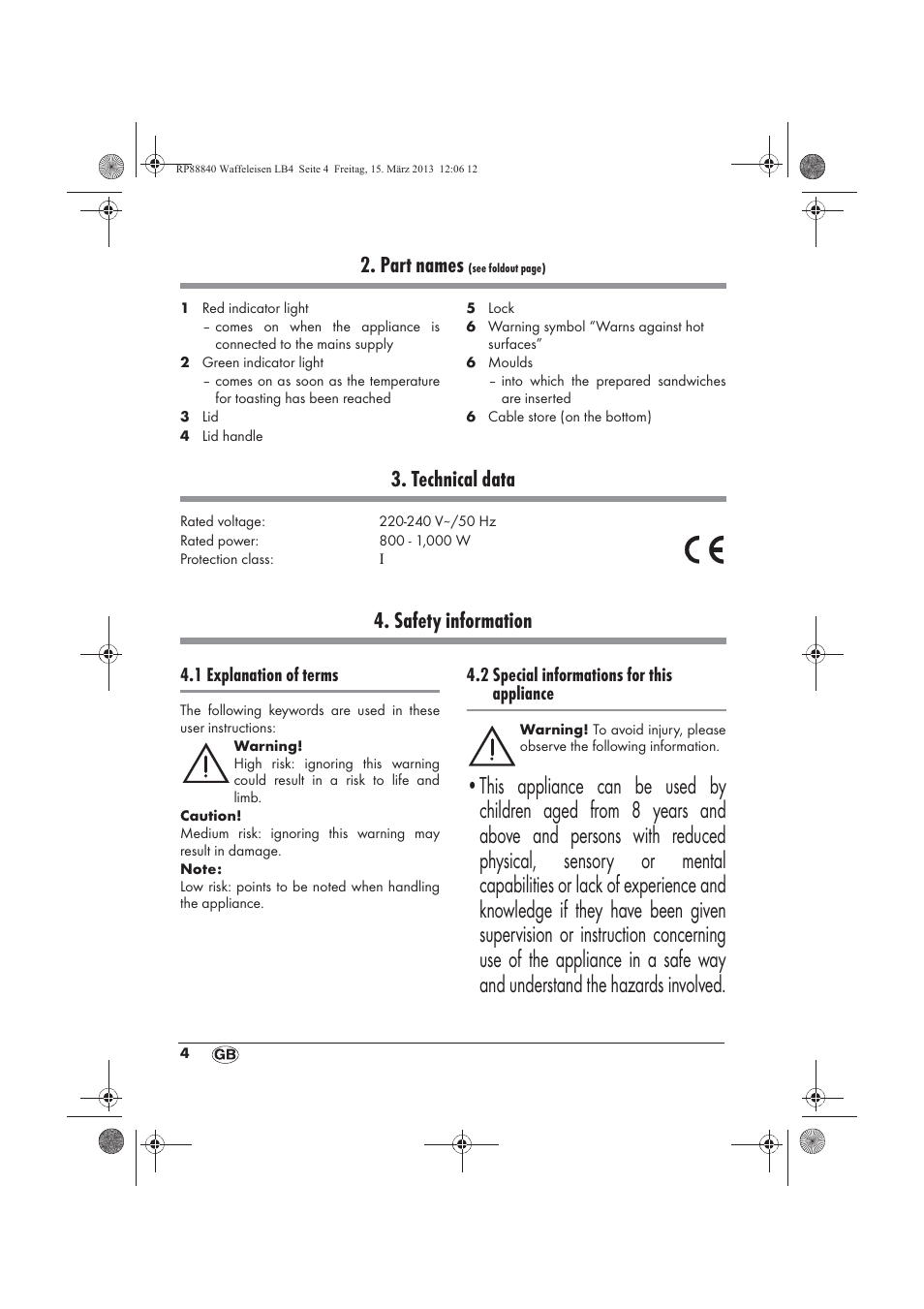 Part names, Technical data, Safety information | 1 explanation of terms, 2 special informations for this appliance | Silvercrest SWEK 800 A1 User Manual | Page 6 / 78