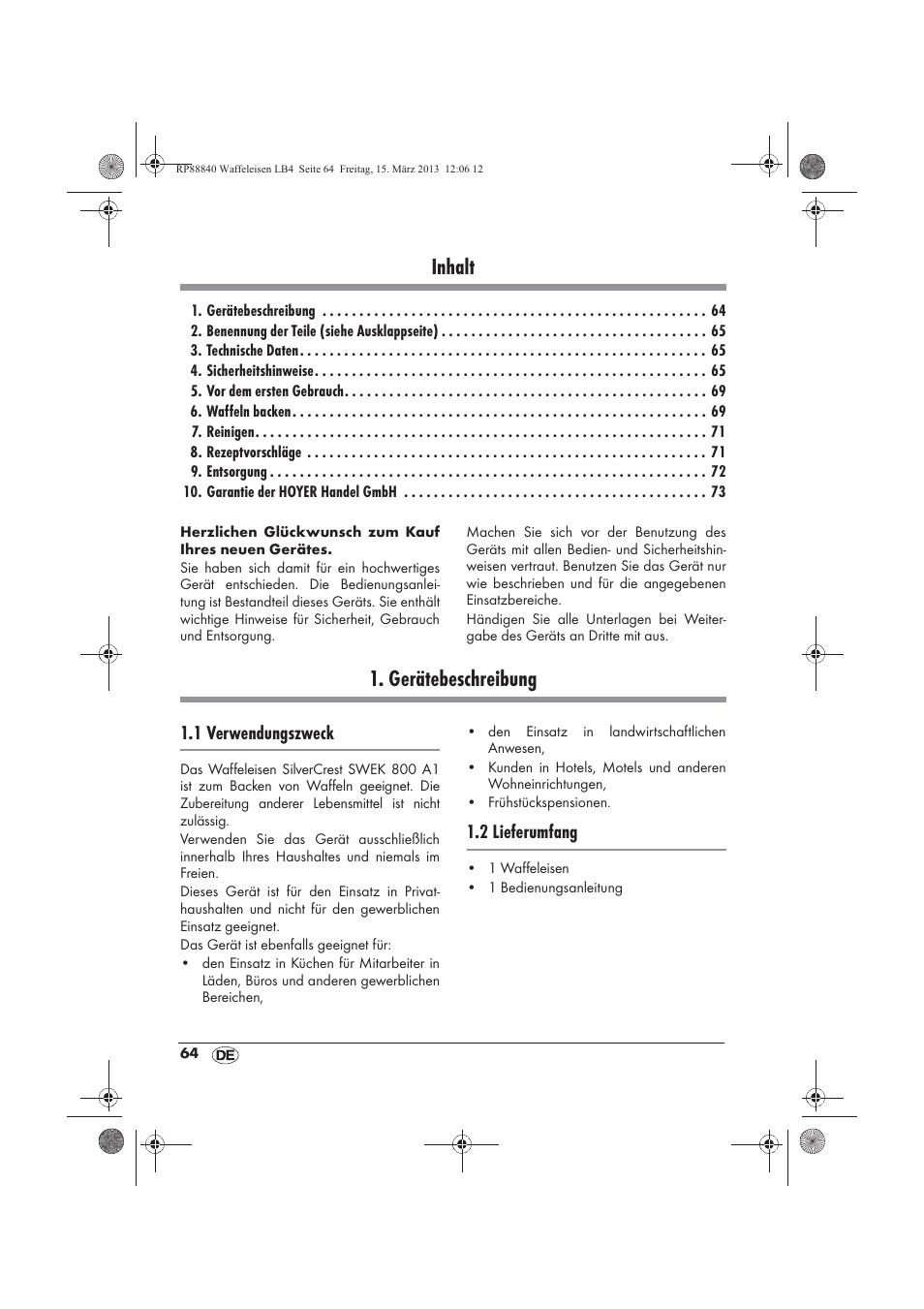 Inhalt, Gerätebeschreibung | Silvercrest SWEK 800 A1 User Manual | Page 66 / 78
