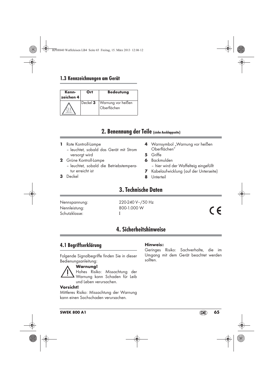 Benennung der teile, Technische daten, Sicherheitshinweise | 3 kennzeichnungen am gerät, 1 begriffserklärung | Silvercrest SWEK 800 A1 User Manual | Page 67 / 78