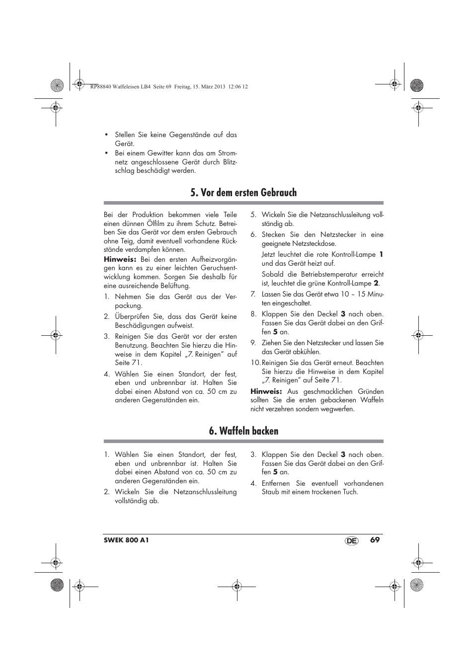 Vor dem ersten gebrauch, Waffeln backen | Silvercrest SWEK 800 A1 User Manual | Page 71 / 78