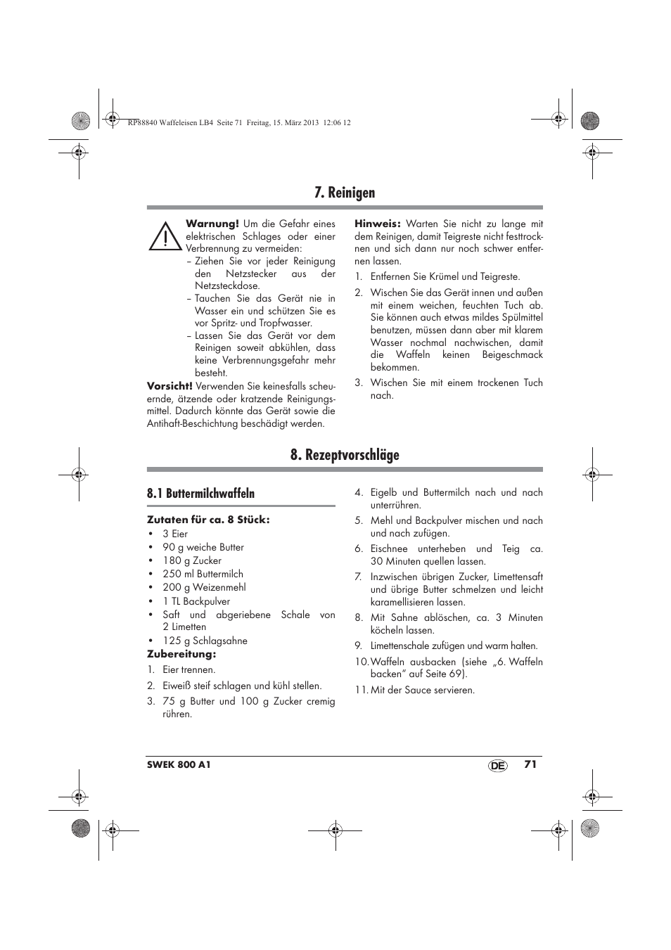 Reinigen, Rezeptvorschläge, 1 buttermilchwaffeln | Silvercrest SWEK 800 A1 User Manual | Page 73 / 78