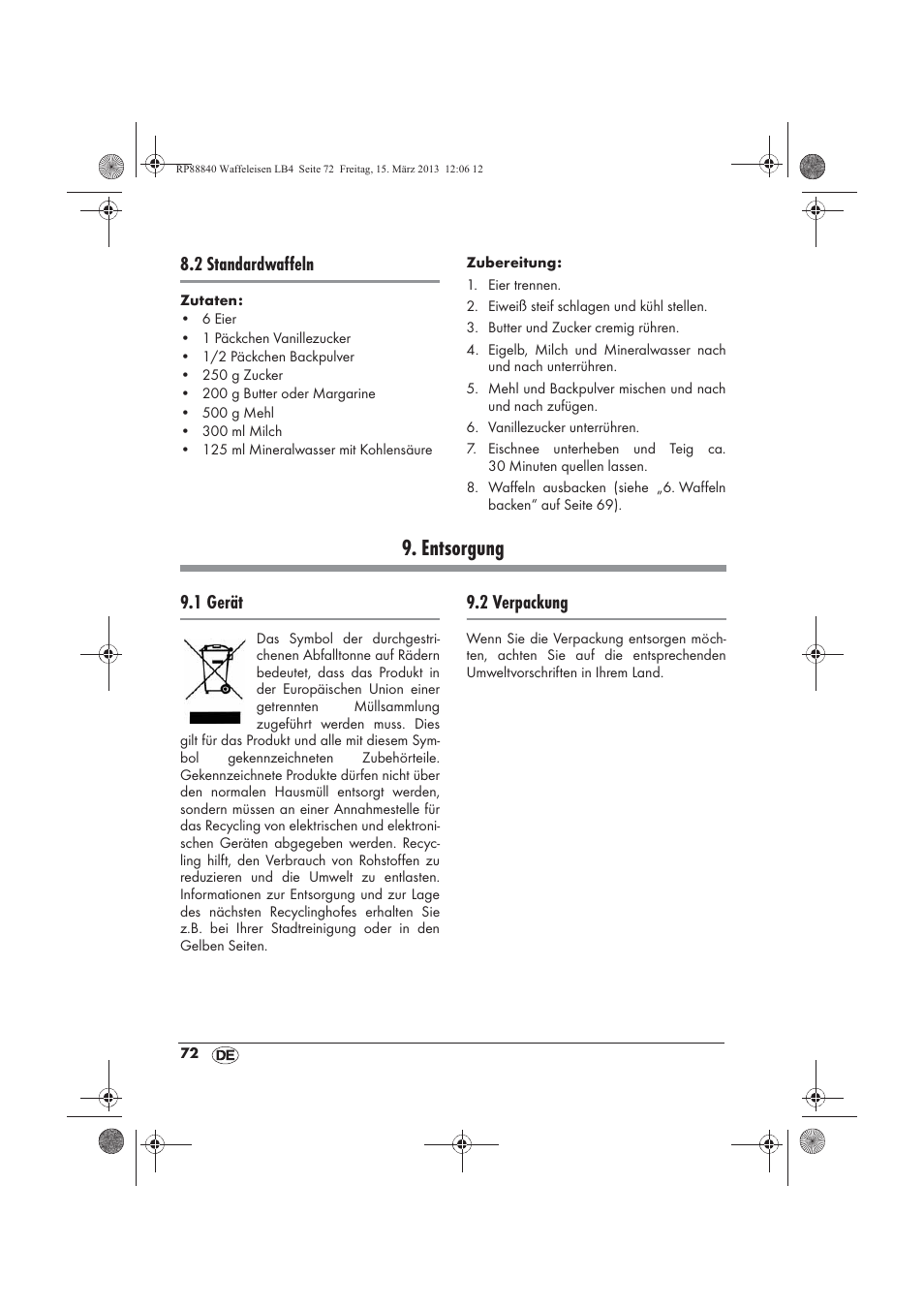 Entsorgung, 2 standardwaffeln, 1 gerät | 2 verpackung | Silvercrest SWEK 800 A1 User Manual | Page 74 / 78