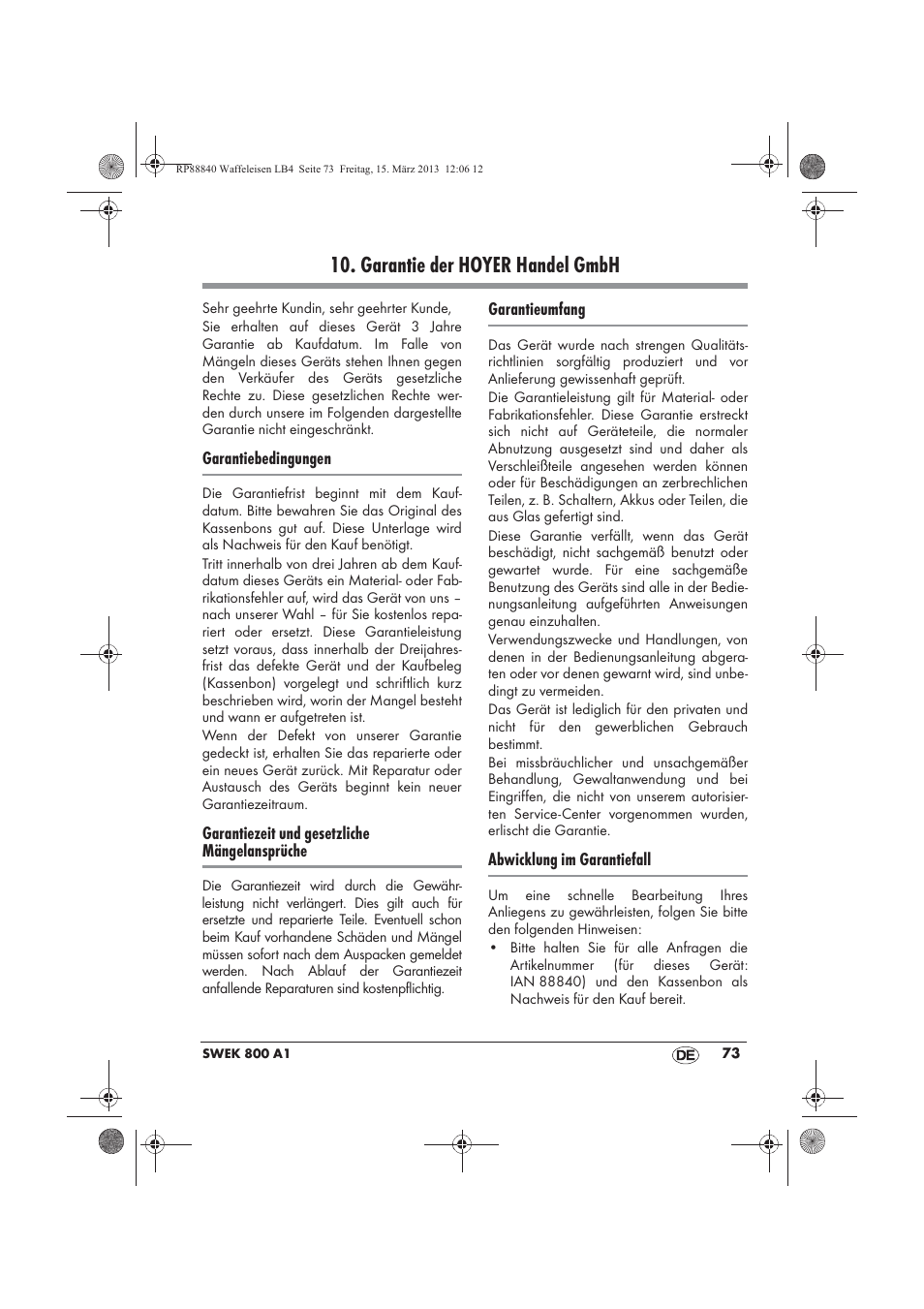 Garantie der hoyer handel gmbh | Silvercrest SWEK 800 A1 User Manual | Page 75 / 78