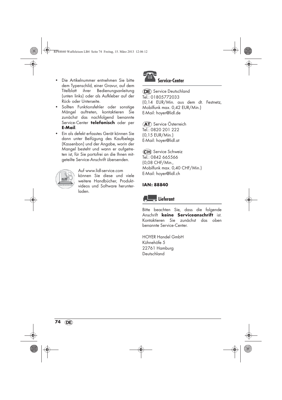 Service-center, Lieferant | Silvercrest SWEK 800 A1 User Manual | Page 76 / 78