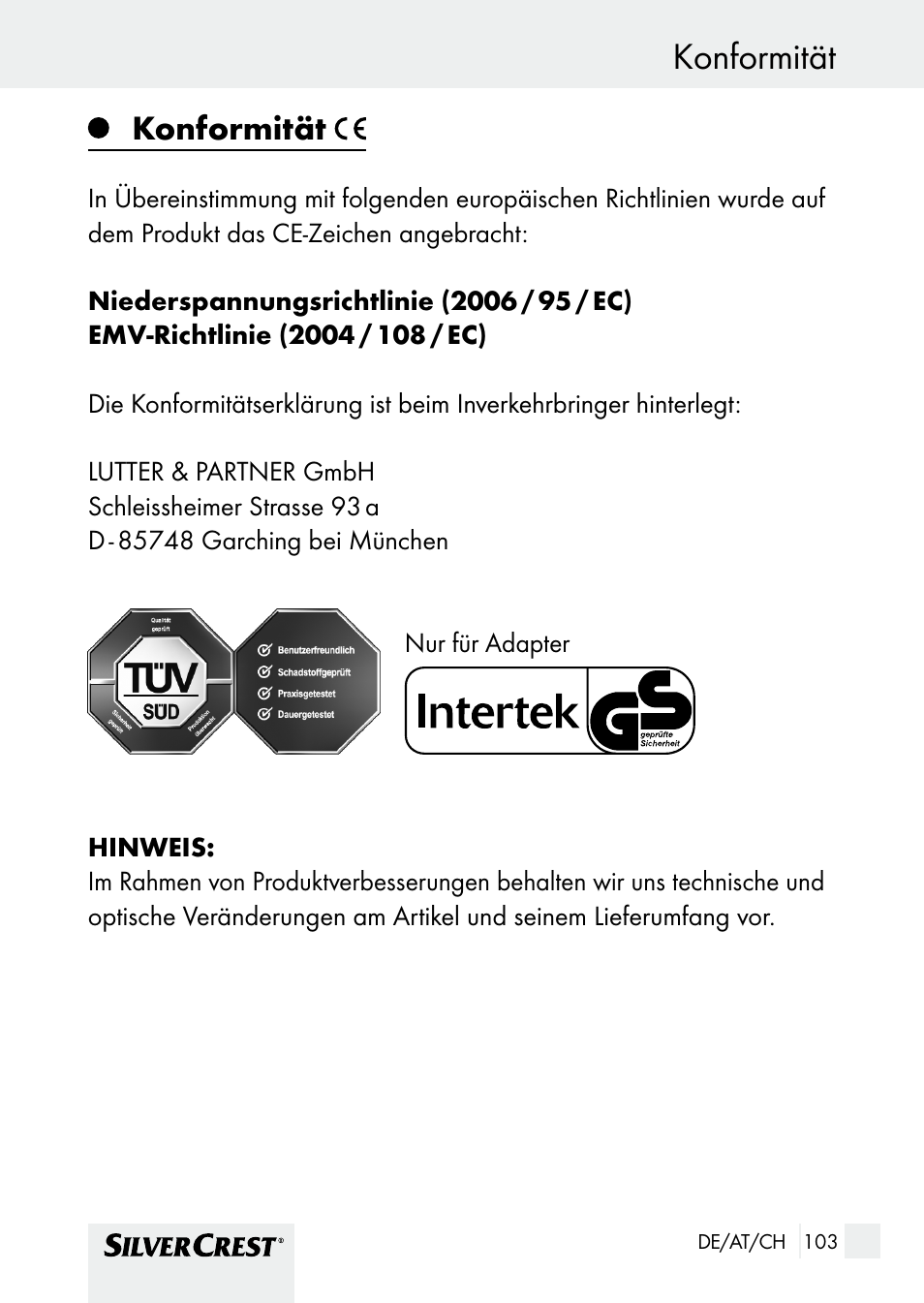 Konformität garantie und service, Konformität | Silvercrest SHBS 1000 A1 User Manual | Page 103 / 105