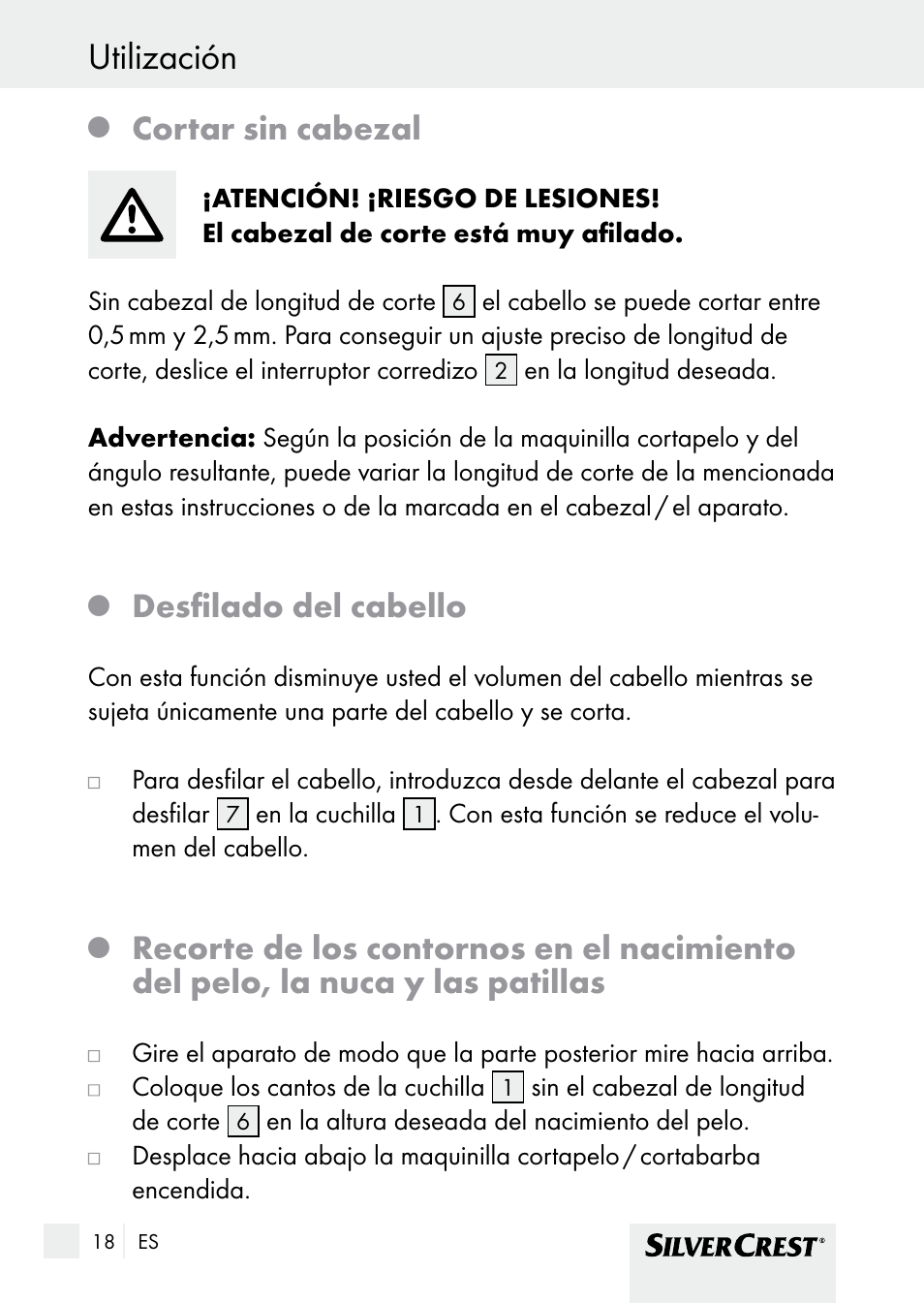 Utilización / limpieza y conservación utilización, Cortar sin cabezal, Desfilado del cabello | Silvercrest SHBS 1000 A1 User Manual | Page 18 / 105