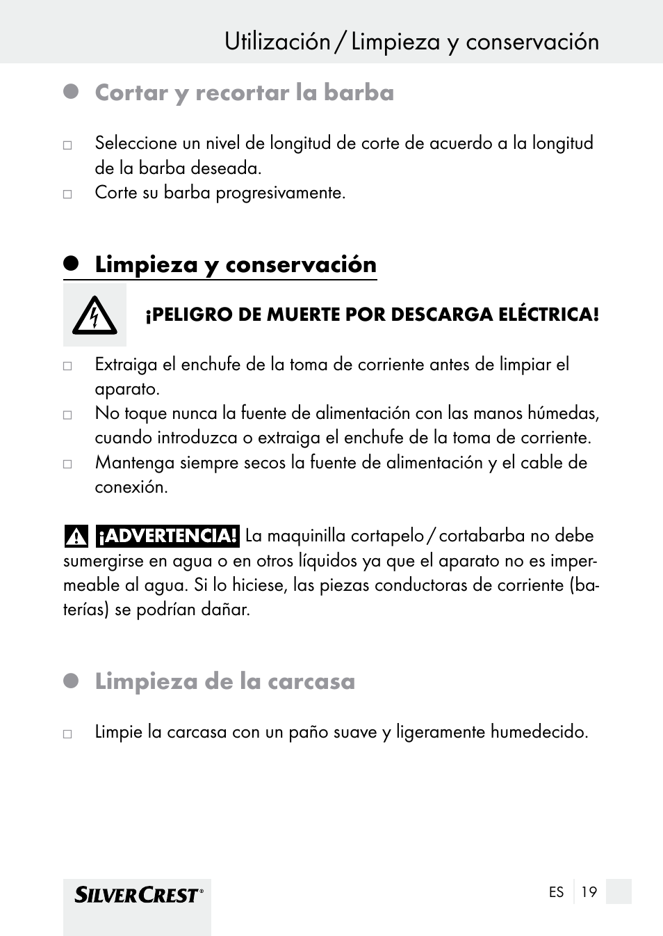 Utilización / limpieza y conservación utilización, Cortar y recortar la barba, Limpieza y conservación | Limpieza de la carcasa | Silvercrest SHBS 1000 A1 User Manual | Page 19 / 105