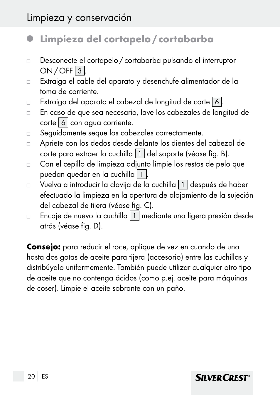 Eliminación del producto limpieza y conservación, Limpieza del cortapelo / cortabarba | Silvercrest SHBS 1000 A1 User Manual | Page 20 / 105