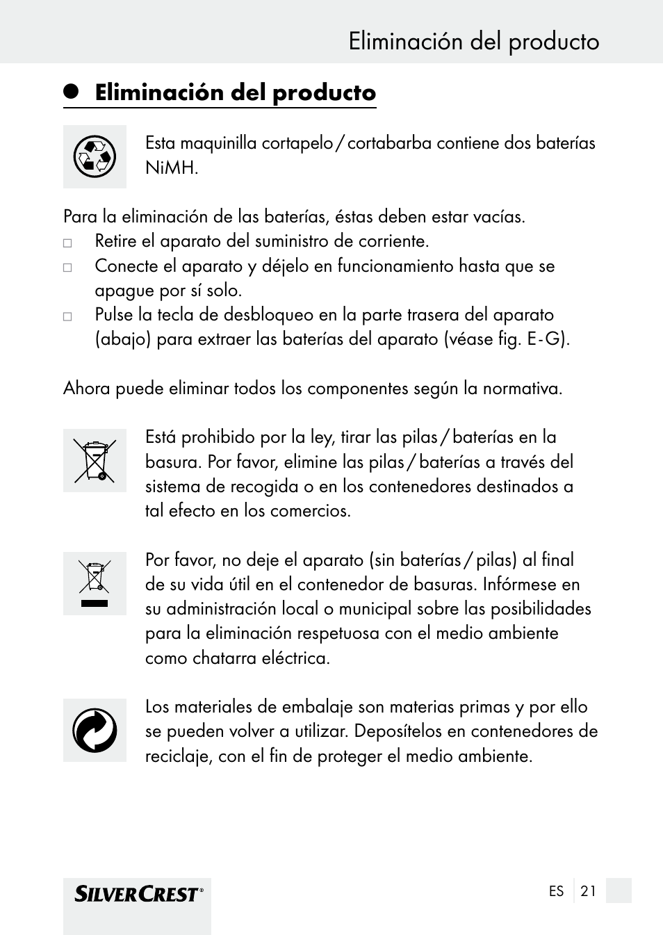 Eliminación del producto limpieza y conservación, Eliminación del producto | Silvercrest SHBS 1000 A1 User Manual | Page 21 / 105