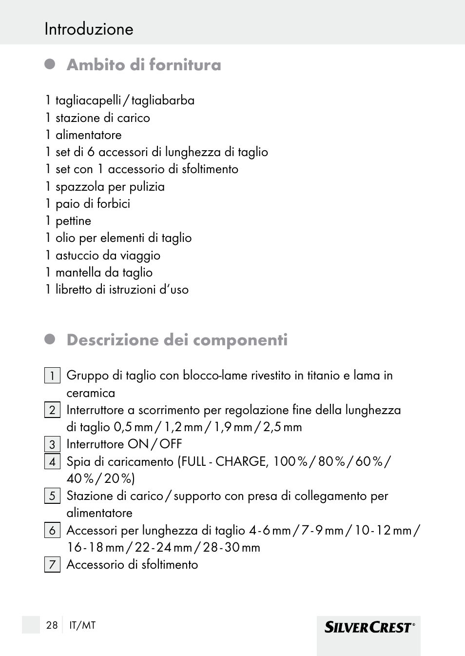 Introduzione / sicurezza introduzione, Ambito di fornitura, Descrizione dei componenti | Silvercrest SHBS 1000 A1 User Manual | Page 28 / 105