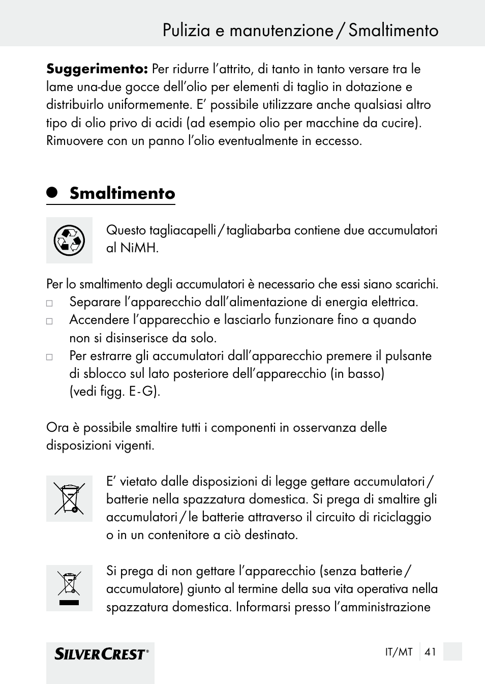 Smaltimento | Silvercrest SHBS 1000 A1 User Manual | Page 41 / 105