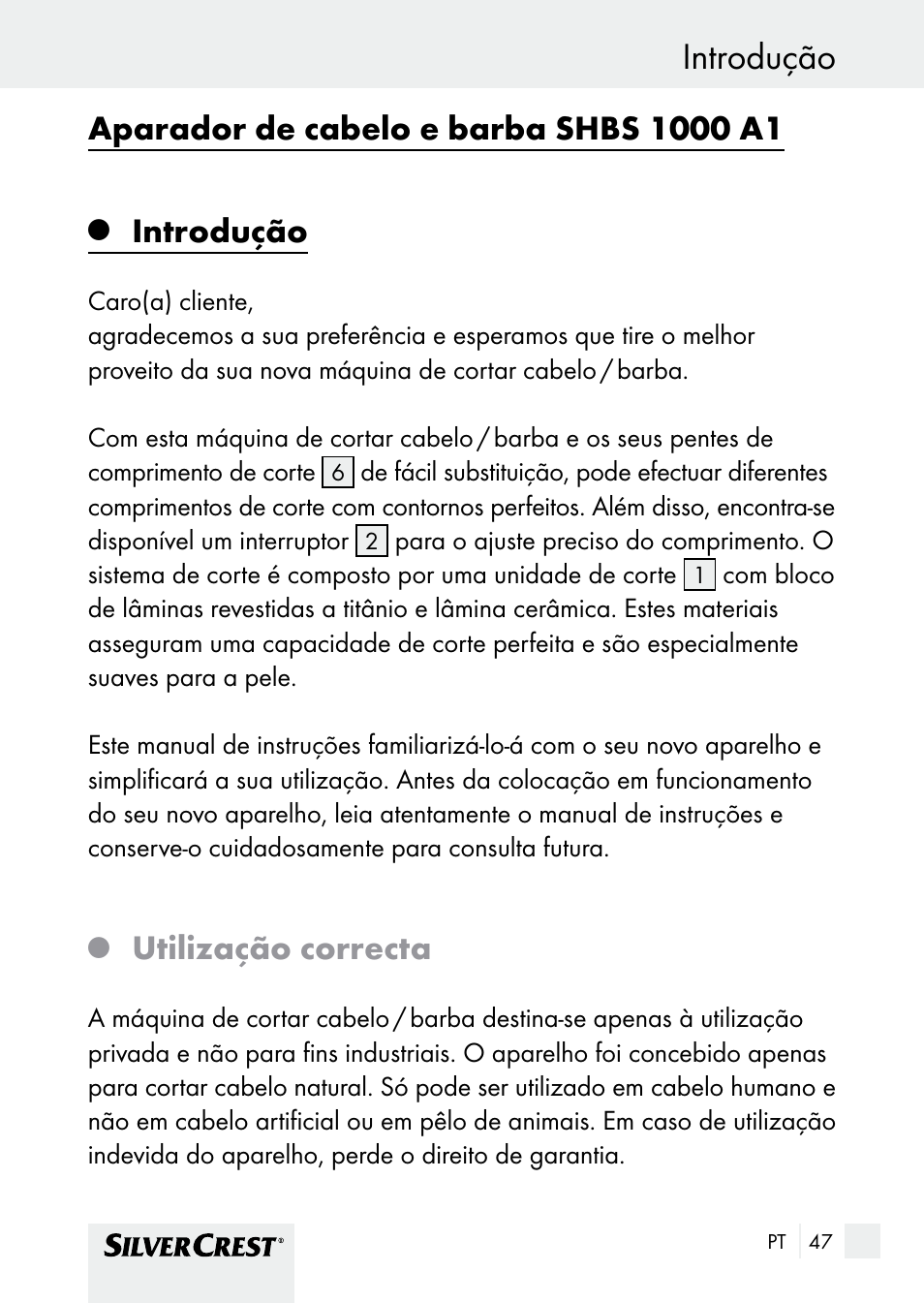 Introdução, Utilização correcta | Silvercrest SHBS 1000 A1 User Manual | Page 47 / 105