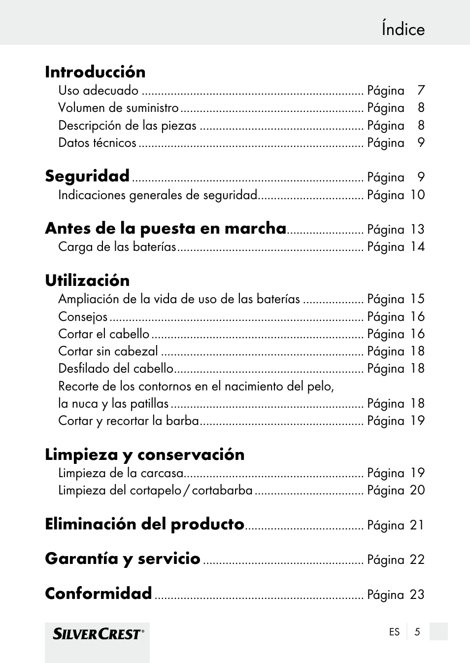 Índice, Introducción, Seguridad | Antes de la puesta en marcha, Utilización, Limpieza y conservación, Eliminación del producto, Garantía y servicio, Conformidad | Silvercrest SHBS 1000 A1 User Manual | Page 5 / 105