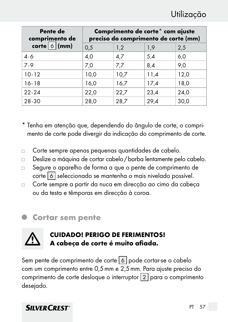 Utilização, Cortar sem pente | Silvercrest SHBS 1000 A1 User Manual | Page 57 / 105