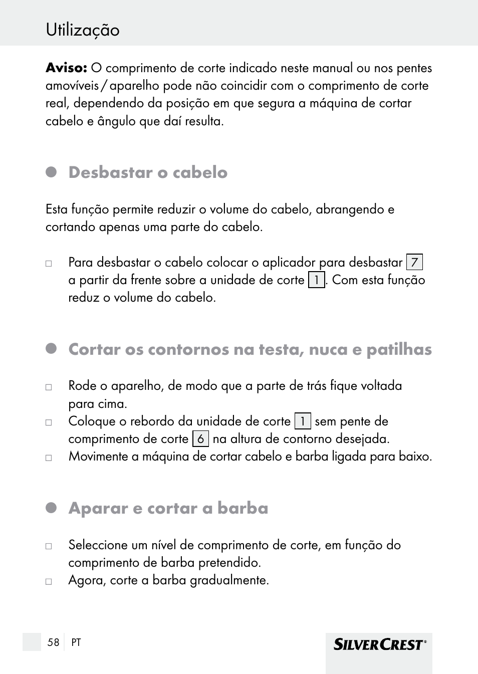 Limpeza e conservação utilização, Desbastar o cabelo, Cortar os contornos na testa, nuca e patilhas | Aparar e cortar a barba | Silvercrest SHBS 1000 A1 User Manual | Page 58 / 105